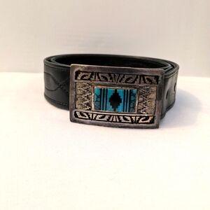 Silver and Black Leather Belt with Turquoise Accent